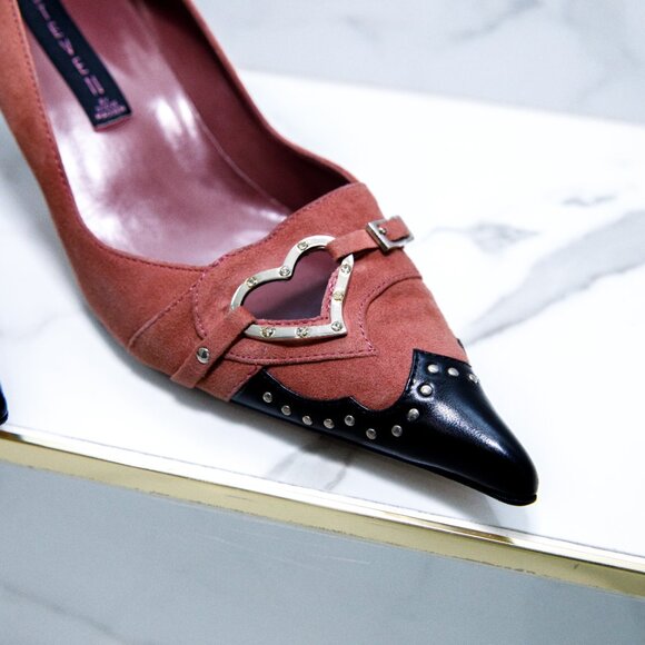 Vintage Steven by Steve Madden Red Black Leather Suede Kitten Heel Heart Studs - Picture 3 of 10